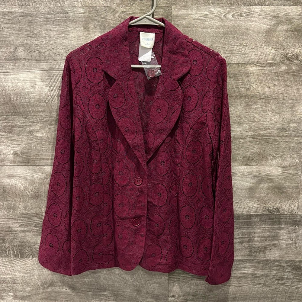 Bedford Fair NWOT Lace Burgundy Jacket in a Cotton/Nylon & Rayon Blend.